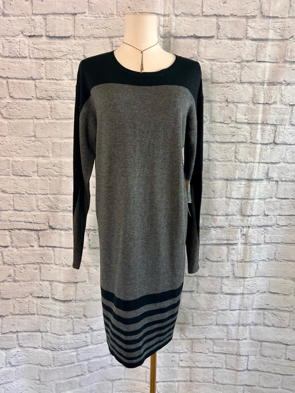 Evan Picone Knit Dress Gray and Black Long Sleeve Midi Office Career Emo Boss - Picture 3 of 14